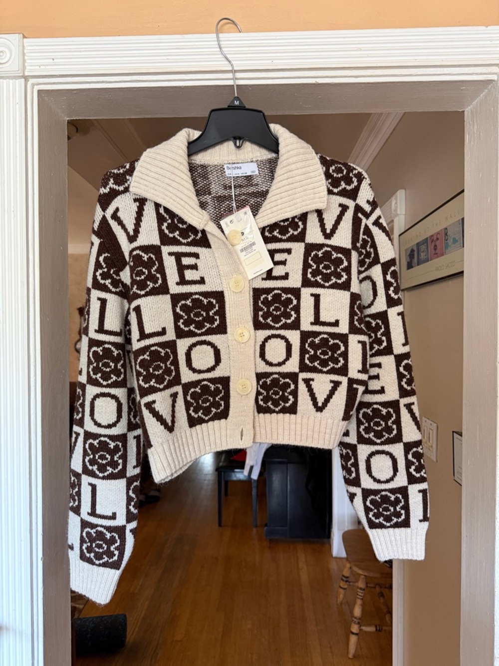 Bershka Brown & Cream LOVE Checker Cardigan